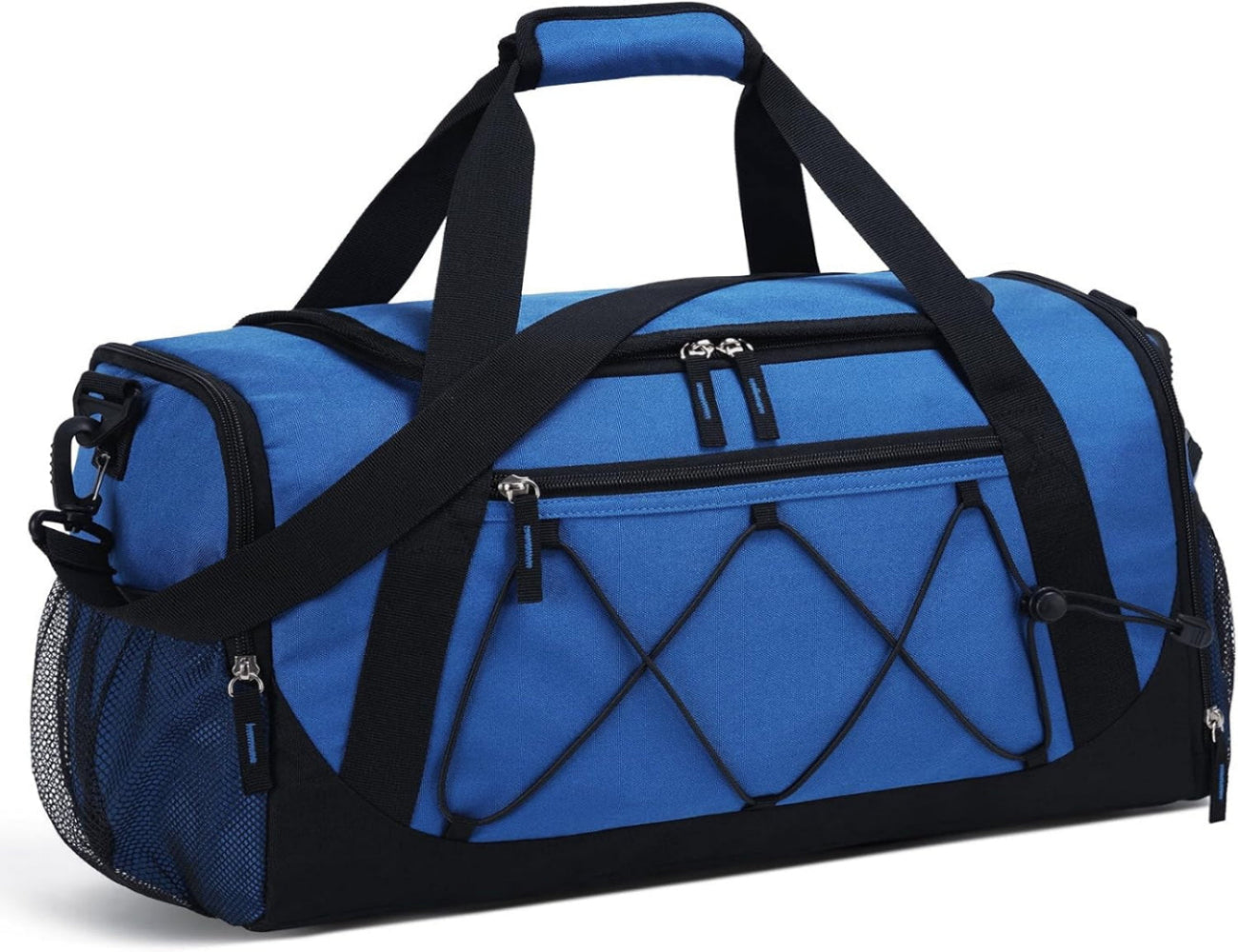 Blue duffel bag with black straps and accents on a white background