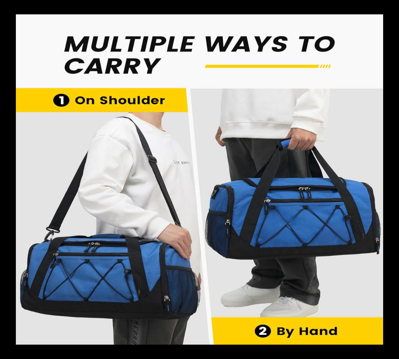 Blue duffel bag with shoulder strap and handgrip, shown being carried on shoulder and by hand.